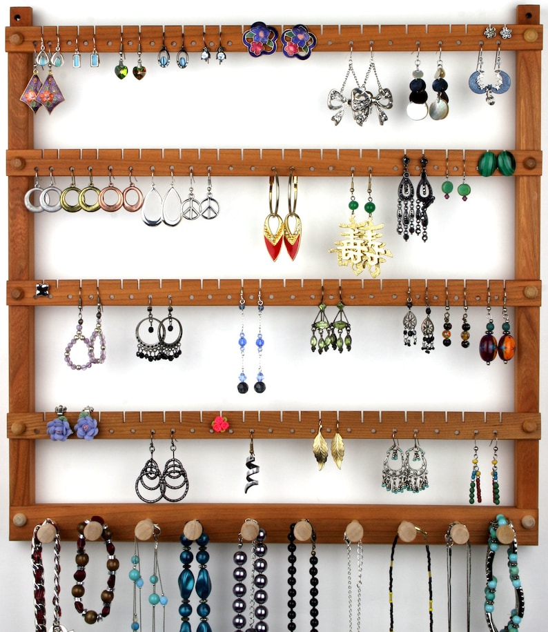 Wood Earring Holder Jewelry Organizer, Cherry, Wall Mount, plus Necklace Bar. Holds up to 96 Pairs of Earrings plus 10 Jewelry pegs. image 2