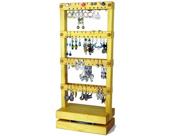Spinning Double-Sided Earring Holder Stand - Rotating Jewelry Holder, Yellow Heart, Wood, Holds 80 pairs. Jewelry Display - Earring Display