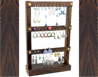 Wood Earring Holder Stand - Jewelry Organizer. Bocote , Zebra-Stripe, Dark Brown.  Holds up to 30 pairs of earrings. Jewelry Holder