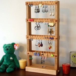 Earring Holder Stand - Jewelry Organizer, Oak, Wood, Double-Sided. Holds 80 pairs. Jewelry Display - Earring Display