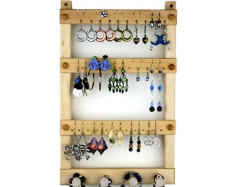 Jewelry Display | Wood Earring Holder | Basswood | Hanging | Holds up to 30 pairs of Earrings | 4 Pegs for Hanging Necklaces and Bracelets