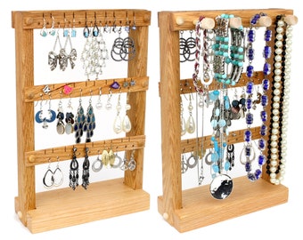 Oak Jewelry Display Stand, Earring Holder, Wood, Plus Necklace Rack. Holds up to 30 pairs, 4 pegs. Jewelry Holder - Organizer