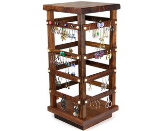 Rotating 4-Sided Earring Holder Display for 160 Pairs of Earrings with Revolving Base - Jewelry Display, Wooden, Caribbean Rosewood