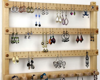 Basswood Wall Mount | Jewelry Organizer, Holds 72 pairs of Earrings with 10 pegs