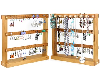Wooden Cherry Jewelry Display Stand / Earring Holder. Holds 54 pairs of Earrings with 8 pegs for Necklaces.