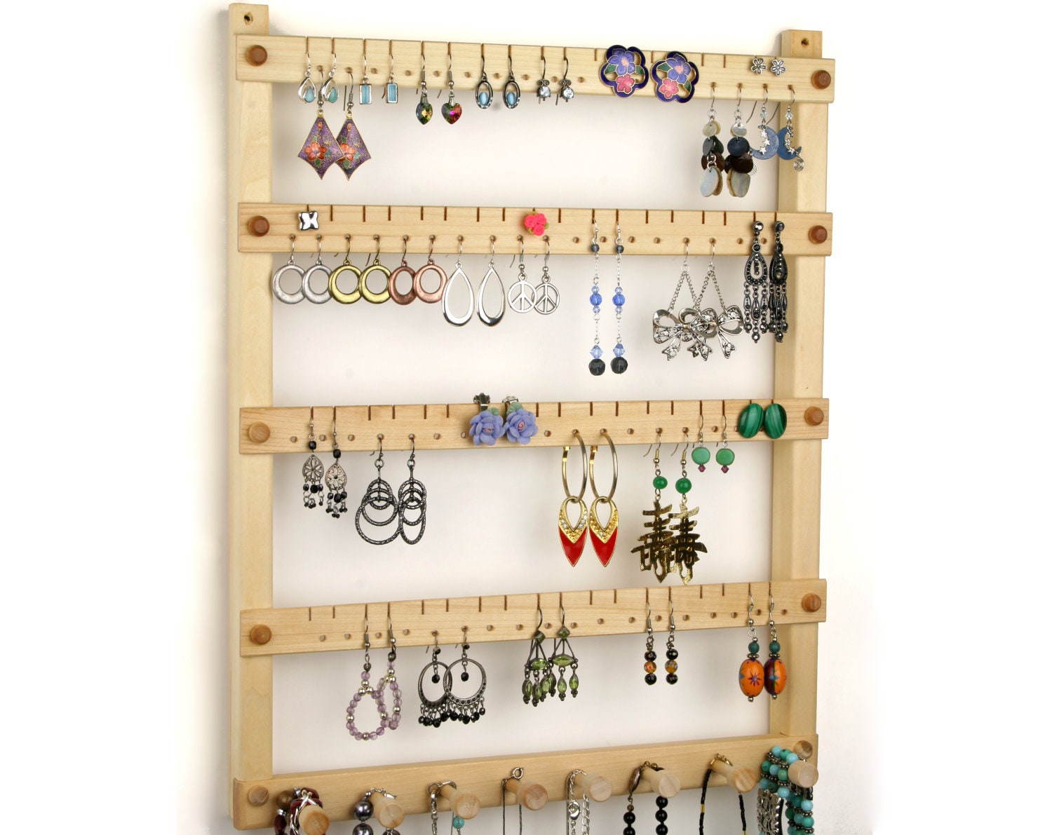 Jewelry Display Earring Organizer, Hanging, Peruvian Walnut, Wood. Holds 36  Pairs, 15 Peg Necklace Holder. Wall Mounted Jewelry Holder 