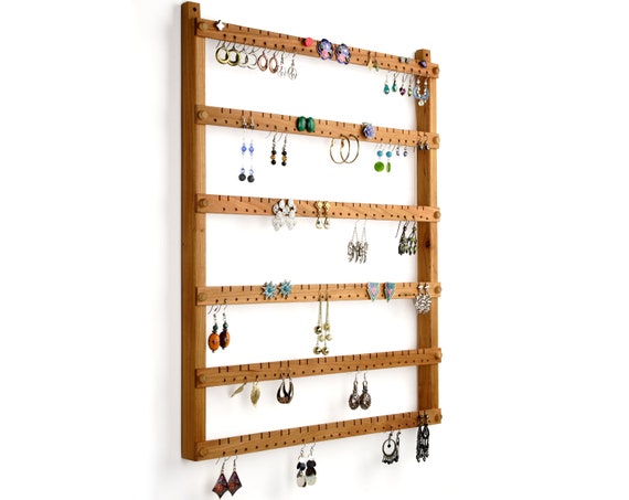 Organizador de pared de pendientes y collares de cerezo de madera / Soporte  de pendientes / Soporte de joyería / Tiene capacidad para 72 pares de  pendientes / 8 clavijas / Organizador de joyas -  México