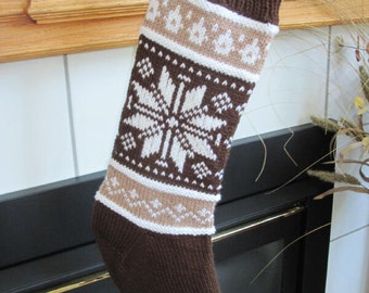 READY TO SHIP Brown, Tan and White Knit Christmas Stocking