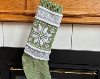 READY TO SHIP Light Green, Gray and White Knit Christmas Stocking