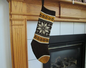 READY TO SHIP Brown, Gold and Cream Knit Christmas Stocking