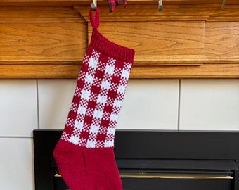 READY TO SHIP Burgandy & White Buffalo Check Knit Christmas Stocking