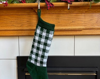 READY TO SHIP Green & White Buffalo Check Knit Christmas Stocking