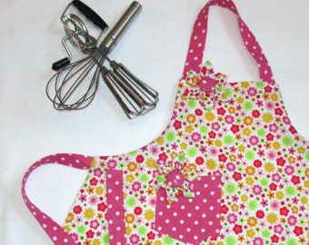 Bright Pink Flowers and Polka Dots Children's Apron Size 5-6