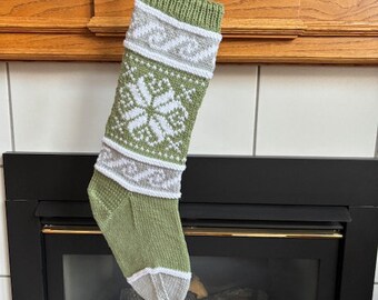 READY TO SHIP Light Green, Gray and White Knit Christmas Stocking