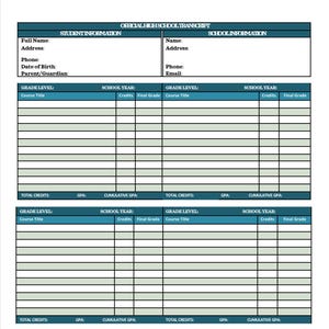 Puede incluir: Una plantilla de expediente académico oficial de escuela secundaria en blanco con secciones para información del estudiante y la escuela, calificaciones de cursos y resumen académico. El documento incluye campos para nombre completo, dirección, teléfono, correo electrónico y fecha de nacimiento.