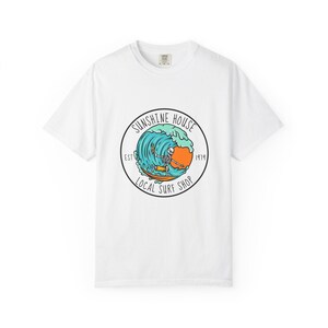 Surf Shop T-shirt, Riding Wave, Local Surf Shop, Retro Surf Shop T-Shirt, Unisex Cotton Tee for Beach Lovers, Gift for Surfers