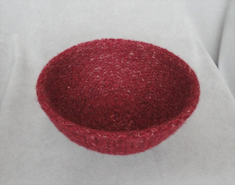 Handknit and Felted Burgundy Red Wool and Linen Bowl image 3