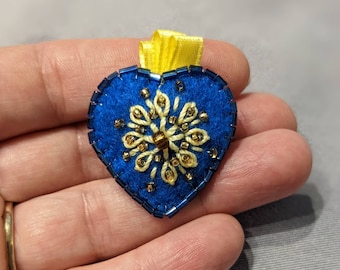 Sacred Prayer Heart Style Sunflower Lapel Pin Brooch - Support Ukraine - Freeform Stitched Felt, Embroidery, Glass Beads, Blue, Yellow, OOAK