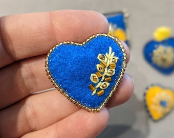 Heart Style Wheat Branch Lapel Pin Brooch - Support Ukraine - Freeform Stitched Felt, Embroidery, Glass Beads, Blue, Yellow, OOAK