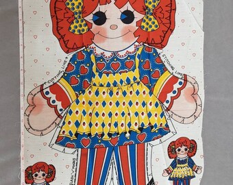Vintage Raggedy Ann Style Rag Doll Girl Cut & Sew Cotton Fabric Panel for Making Stuffed Pillow Plushie, 1970s, Hard to find style