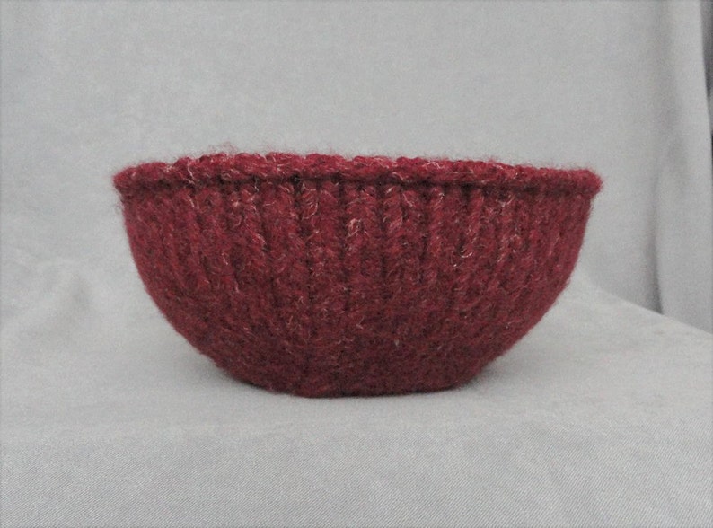 Handknit and Felted Burgundy Red Wool and Linen Bowl image 5