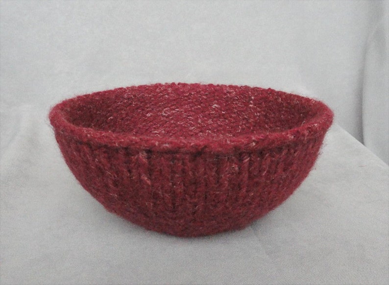 Handknit and Felted Burgundy Red Wool and Linen Bowl image 2