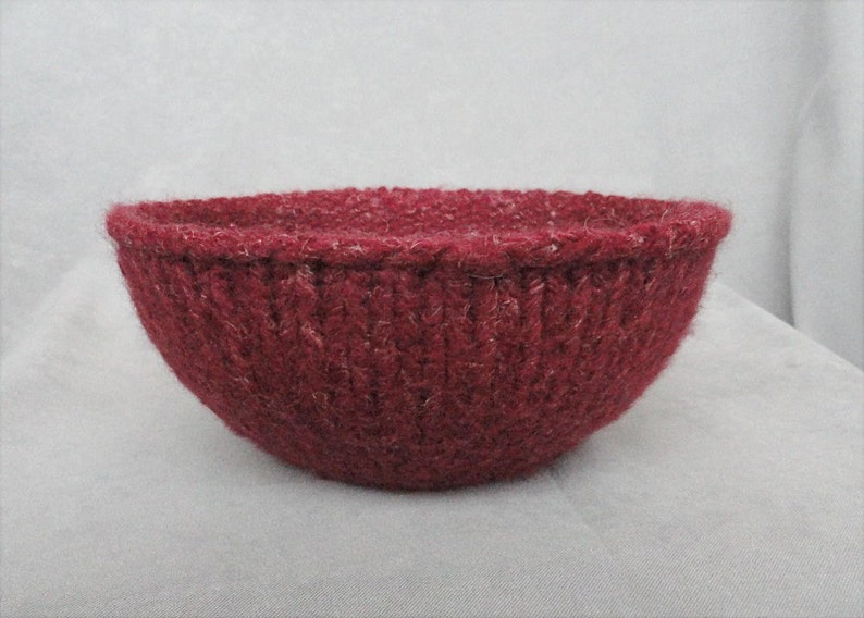 Handknit and Felted Burgundy Red Wool and Linen Bowl image 1