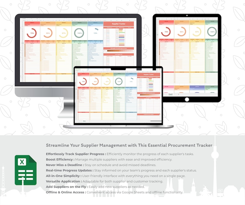 Op de afbeelding: Een digitale inkooptracker weergegeven op een desktopmonitor, laptop en tablet. De schermen tonen kleurrijke grafieken en gegevenstabellen. De afbeelding bevat de tekst "Streamline Your Supplier Management with This Essential Procurement Tracker."