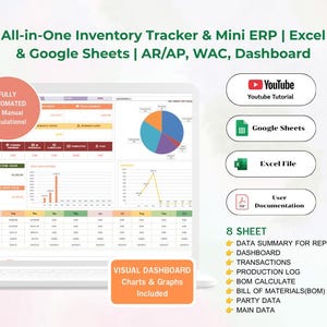May include: An all-in-one inventory tracker and mini ERP spreadsheet for Excel and Google Sheets. The interface displays a dashboard with a pie chart, line graphs, and data tables. Includes a YouTube tutorial, user documentation, and eight sheets.