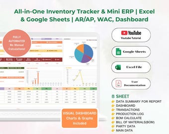 Op de afbeelding: Een alles-in-één voorraadtracker en mini-ERP voor Excel en Google Sheets. De interface toont een dashboard met een cirkeldiagram, lijngrafieken en gegevenstabellen. Inclusief een YouTube-tutorial, gebruikersdocumentatie en acht werkbladen.