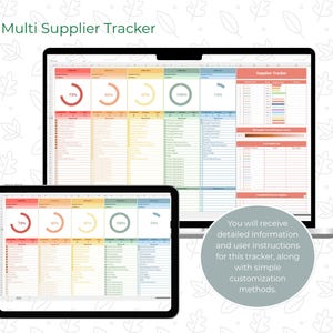 Op de afbeelding: Een digitale spreadsheet met de titel "Multi Supplier Tracker" weergegeven op een laptop en tablet. De spreadsheet bevat datavisualisaties, waaronder cirkelvormige voortgangsindicatoren. Tekst op de afbeelding luidt: "U ontvangt gedetailleerde informatie en gebruikersinstructies voor deze tracker."