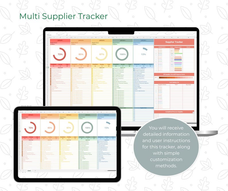 Op de afbeelding: Een digitale spreadsheet met de titel "Multi Supplier Tracker" weergegeven op een laptop en tablet. De spreadsheet bevat datavisualisaties, waaronder cirkelvormige voortgangsindicatoren. Tekst op de afbeelding luidt: "U ontvangt gedetailleerde informatie en gebruikersinstructies voor deze tracker."