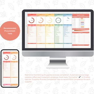 Op de afbeelding: Een computermonitor en een smartphone tonen een spreadsheet met kleurrijke grafieken en gegevens, getiteld "Supplier Tracker". De afbeelding bevat de tekst "Recommended Procurement Tools" en een beschrijving van real-time monitoring van de voltooiing van het leveranciersproces.