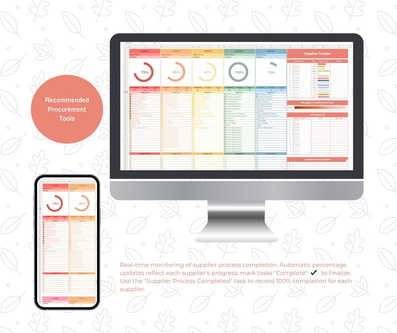 Op de afbeelding: Een computermonitor en een smartphone tonen een spreadsheet met kleurrijke grafieken en gegevens, getiteld "Supplier Tracker". De afbeelding bevat de tekst "Recommended Procurement Tools" en een beschrijving van real-time monitoring van de voltooiing van het leveranciersproces.