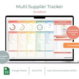 Puede incluir: Una pantalla de portátil muestra una hoja de cálculo titulada "Multi Supplier Tracker". La hoja de cálculo está codificada por colores con varios porcentajes y campos de datos. El texto adicional incluye "Recommended Procurement Tools" y "Customizable". También hay iconos para Google Sheet, Excel File y User Documentation.