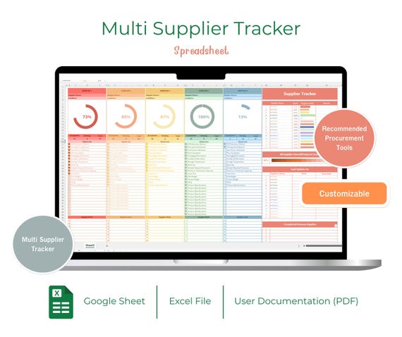 Google Sheets Supplier Tracker: Multi-Supplier Management Template (XLSX File) (Digital Download)