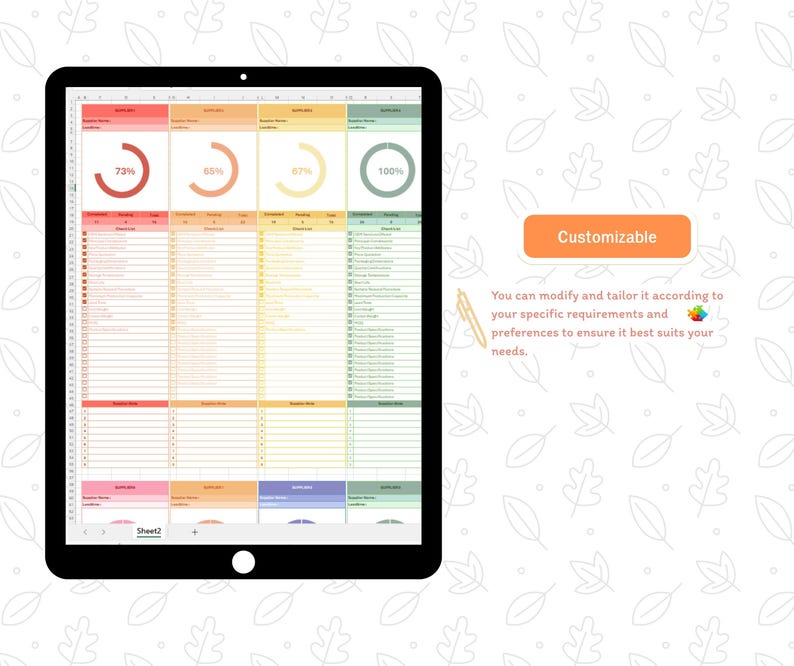 Op de afbeelding: Een zwarte tablet toont een spreadsheet met kleurrijke grafieken en gegevens. Het bovenste gedeelte toont voortgangsindicatoren van 73%, 85%, 87% en 100%. Het woord "Customizable" staat in een oranje vak. Tekst eronder luidt: "U kunt het aanpassen aan uw specifieke eisen en voorkeuren om ervoor te zorgen dat het het beste bij uw behoeften past."