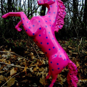 pink unicorn purple polka dots sculpture outdoor art garden decoration unique lawn figurine