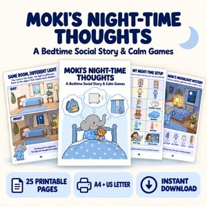 May include: A digital activity book titled Moki's Night-Time Thoughts: A Bedtime Social Story & Calm Games. The cover features a cartoon elephant in bed with a teddy bear. Interior pages show bedroom scenes, checklists, and a moonlight mystery game.