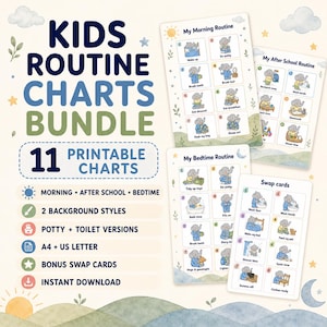 May include: A bundle of 11 printable kids routine charts featuring elephant illustrations. The text reads KIDS ROUTINE CHARTS BUNDLE 11 PRINTABLE CHARTS, with sections for Morning, After School, and Bedtime routines, plus swap cards and icons.