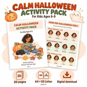 6歳から9歳のお子様向け、落ち着いたハロウィンアクティビティパック、感覚過敏に配慮したソーシャルストーリー、SEL感情ワークシート、自閉症・ADHD向け印刷物