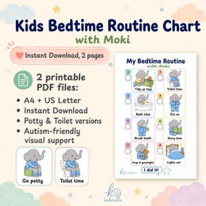 Bedtime Routine Chart for Kids, Visual Schedule, Toddler Evening Routine, Autism ADHD Sleep Chart, Potty and Toilet Versions, A4 US Letter