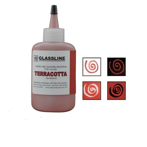 May include: A bottle of terracotta colored Glassline lining and shading material for glass. The bottle has a white label with the brand name and product information. The label also includes a small image of a spiral design in black and white.