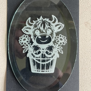 Stained Glass Supplies Laser Engraved Oval Bevel Highland Cow (A) by Stallings Stained Glass
