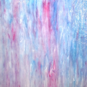 May include: Abstract artwork with a vertical pattern of blended colors. The painting features streaks of pink, blue, and white, creating a soft, textured effect. The colors blend together, giving the impression of movement and depth.