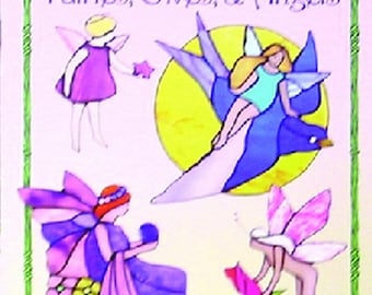 May include: A colorful illustration titled "Fairies, Elves, & Angels" features whimsical depictions of fairies. The artwork includes figures with wings, dressed in various colors, and set against a light pink background with a floral border.