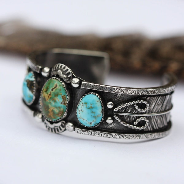 RESERVED. Triple Turquoise Cuff. Natural Turquoise Bracelet. Southwestern Cuff. Stacking Cuff. Sterling Silver Feather Cuff.