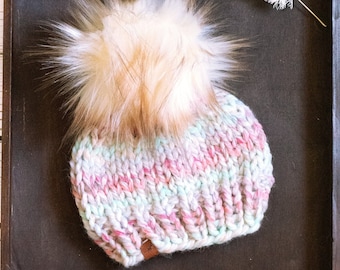 Knit Baby Hat Newborn Hat with Pom Poms Chunky Knit Baby Beanie Newborn Knit Hat Baby Girl Hat Gender Reveal Baby Shower Gift MADE TO ORDER