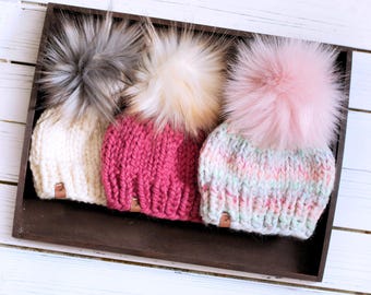 Chunky Knit Baby Beanie with Pom Pom: Newborn Winter Hat
