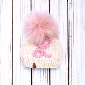 Hand Embroidered Initial Baby Pom Pom Hat: Custom Knit Beanie